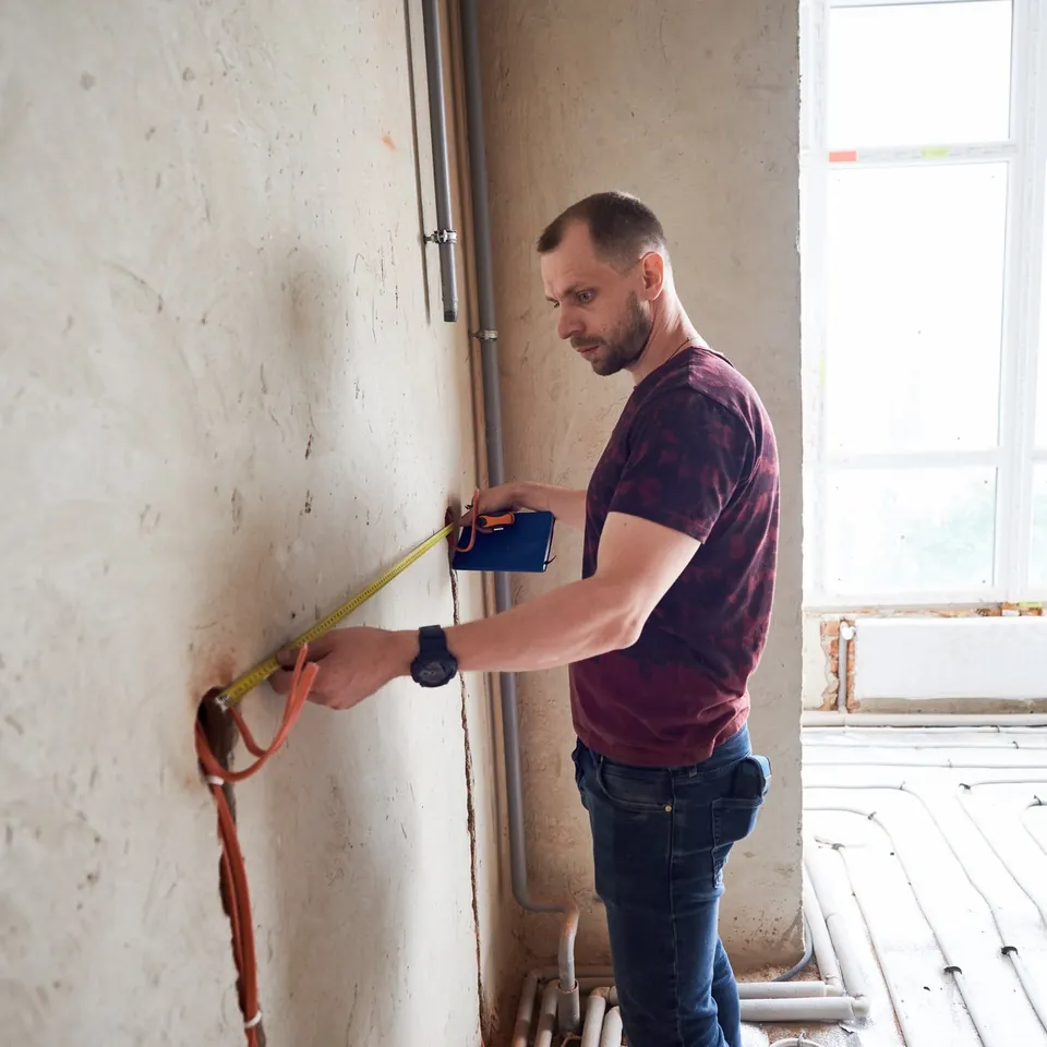 Prise de mesures sur un mur avant les travaux de rénovation intérieure